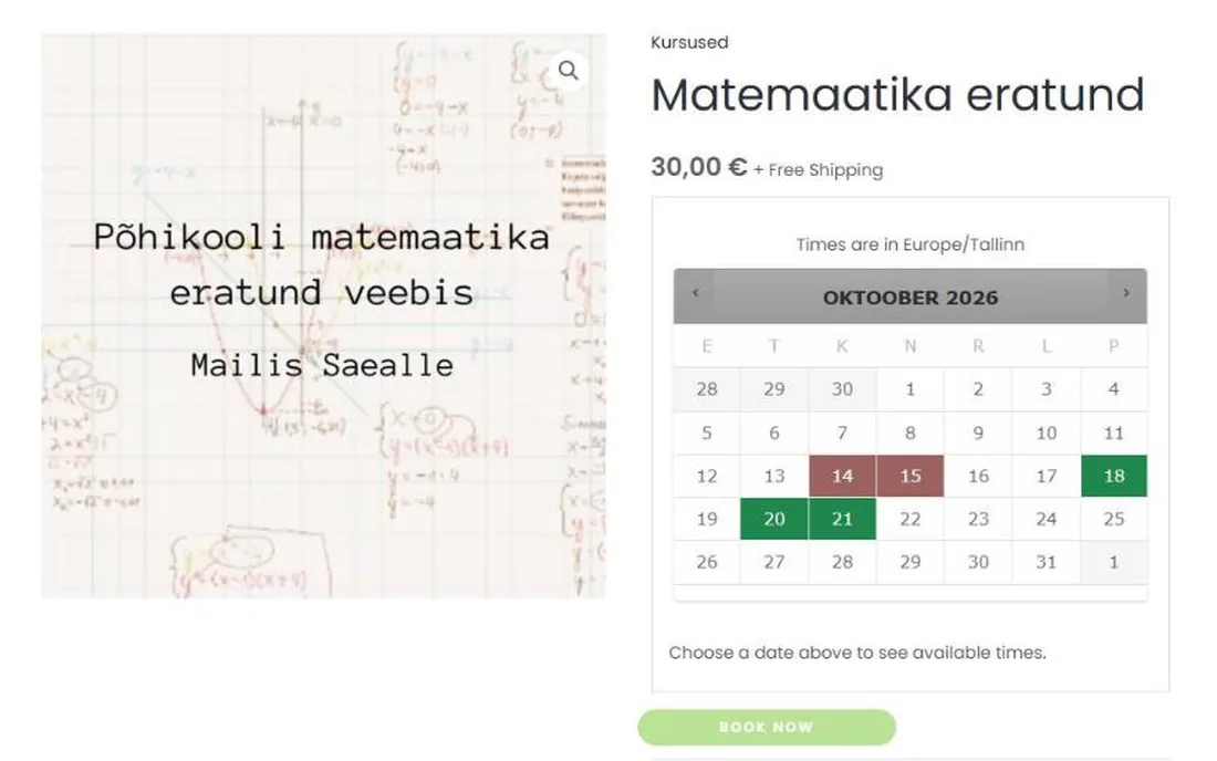 MensVia.ee eratunni broneerimise kalender vabade päevadega
